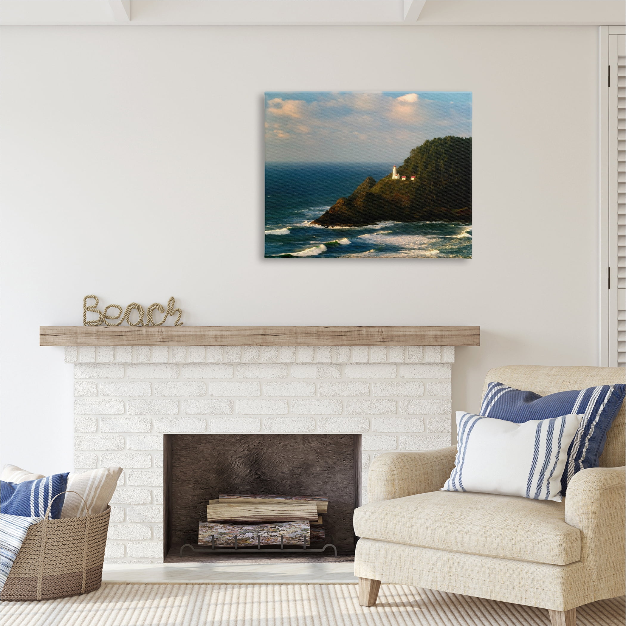 Stupell Industries Lighthouse Ocean Cliffs Nature Photography Gallery Wrapped Canvas Print Wall Art, 40 x 30
