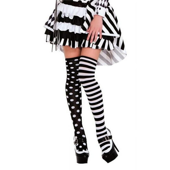 Music Legs Women's 4604-BLACK-WHITE Polka Dot & Striped Thigh High Stockings; Black & White 4604-BLACK/WHITE