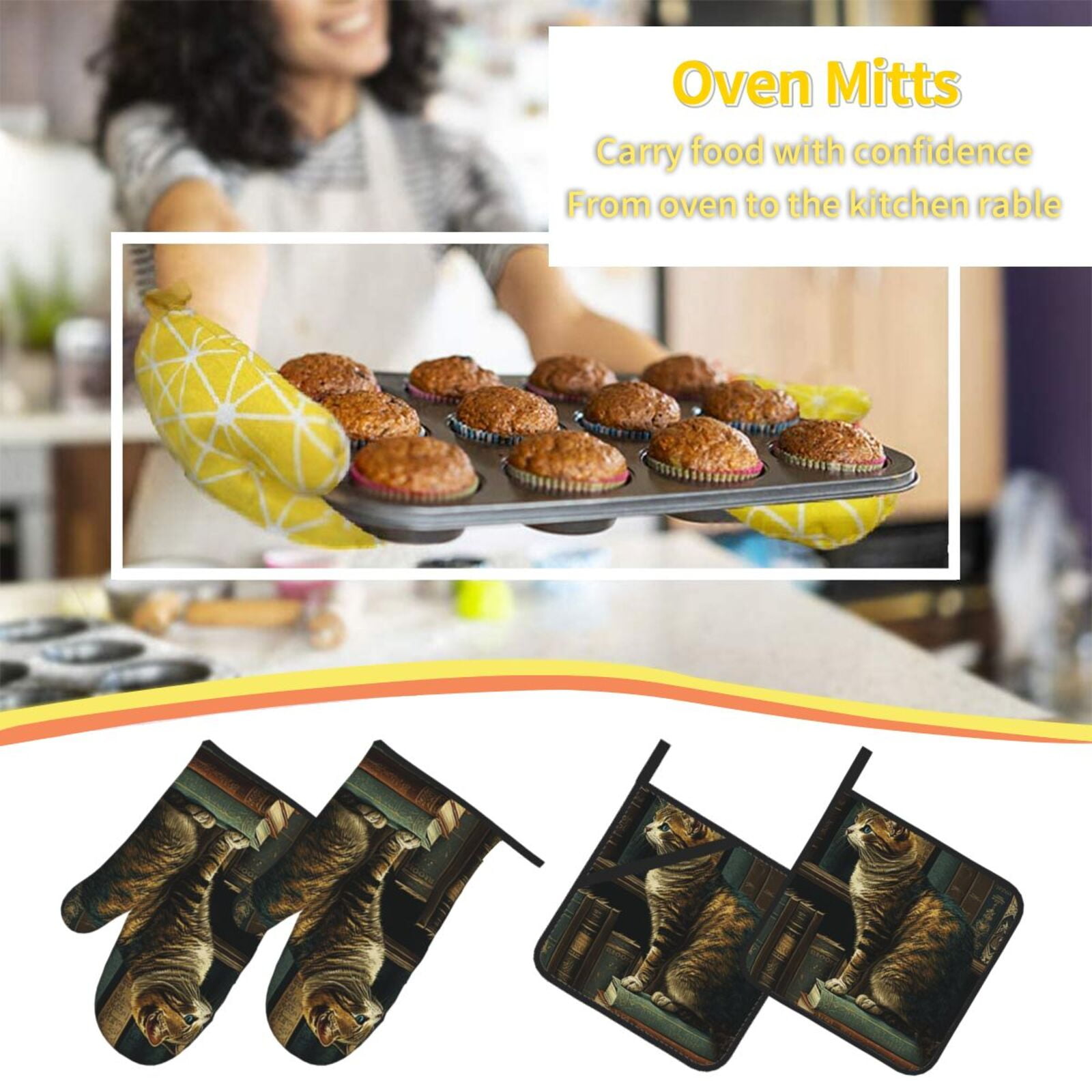 Vintage Cat Library Books 4Pcs Oven Mitts and Pot Holders Sets Oven Kitchen Gloves Hot Pads for Cooking BBQ Baking Grilling