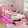 thumbnail image 3 of Full Size Upholstered Bed with Storage Drawer and LED Light,Full Bed Frame with Safety Guardrails and Chic Wavy Headboard,Velvet Princess Bed with Charging Station,Heavy Duty Metal Support,Pink, 3 of 6