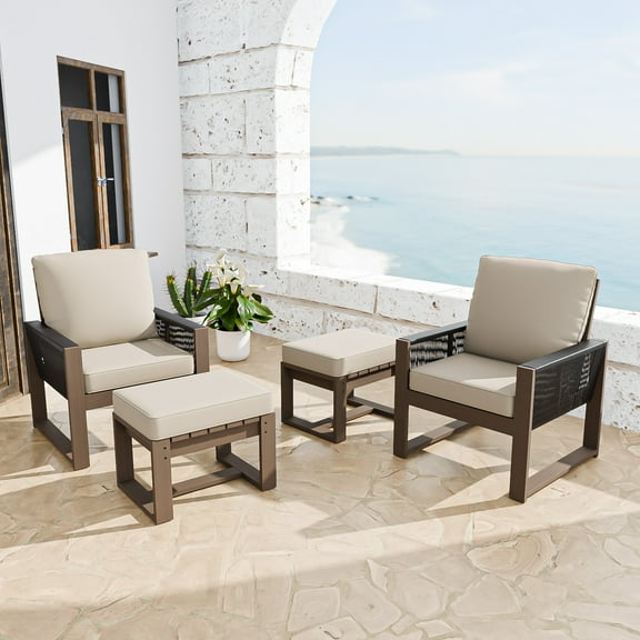 COOS BAY 4PCS Patio Conversation Sets, Natural Real Wood Cedar Patio Chair with Ottoman, Outdoor Sofa Set for Garden, Backyard, Beige