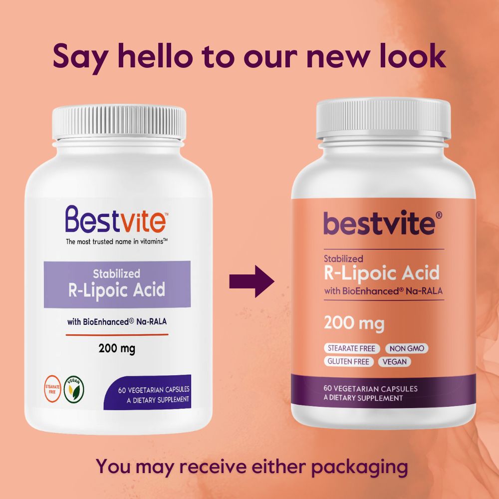 BESTVITE R-Lipoic Acid 200mg Stabilized with Bio-Enhanced® Na-RLA with Biotin (60 Vegetarian Capsules)
