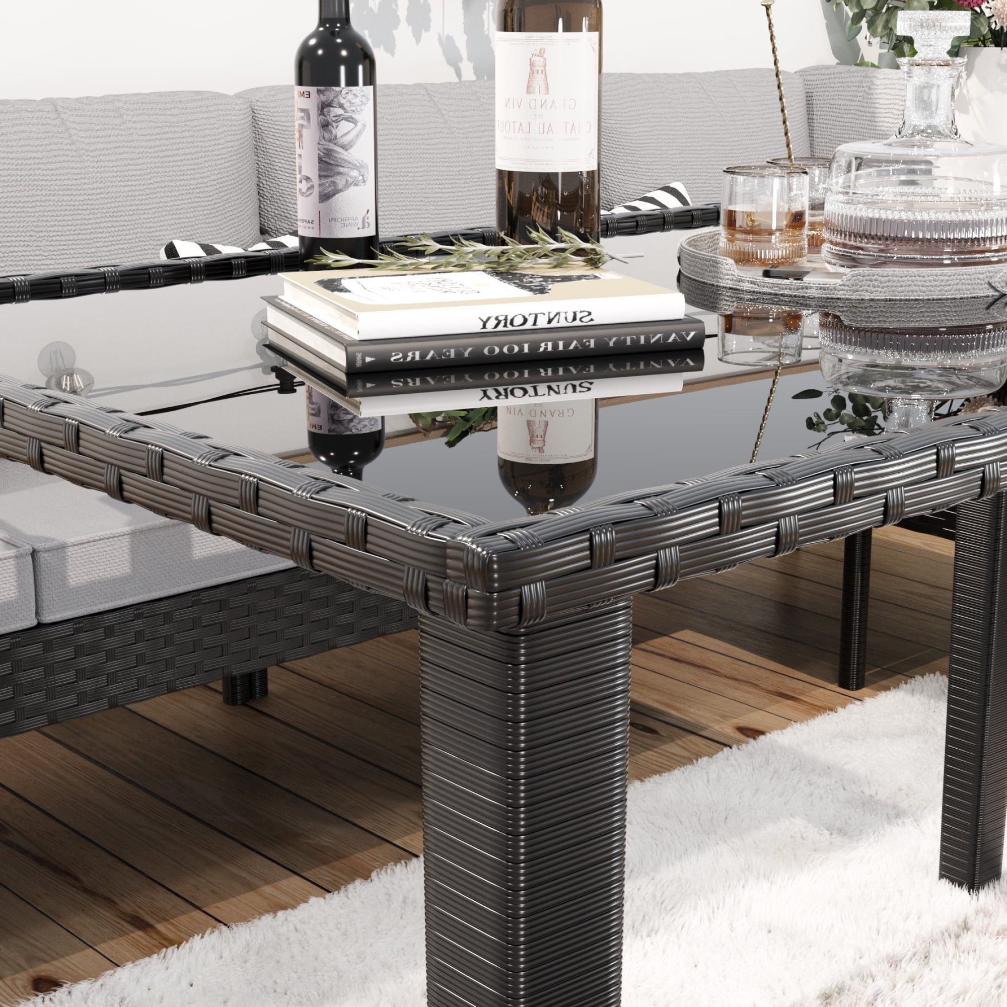 Leumius Patio Furniture Set,7-Piece Outdoor Sectional Sofa with Tempered Glass Table,Rattan Outdoor Conversation Set for Backyard & Porch,Garden,Gray