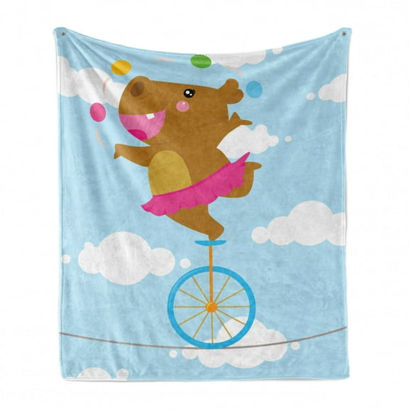 Circus Soft Flannel Fleece Throw Blanket, Happy Balerina Hippo Juggling on Tightrope with Wheel Stunt Performance Cartoon, Cozy Plush for Indoor and Outdoor Use, 50" x 70", Multicolor, by Ambesonne
