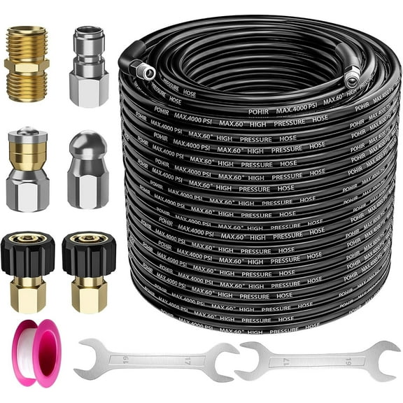 4000PSI Sewer Jetter Nozzles Kit 100FT Drain Cleaning Hose for Pressure Washer