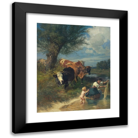 Johann Rudolf Koller 12x14 Black Modern Framed Museum Art Print Titled - Cows and Washerwoman Near a Brook