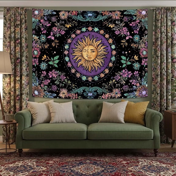 Sun and Moon Tapestry, Boho Indian Wall Decor, Aesthetic Bohemian Tapestries for Bedroom Living Room, Mystic Floral Black Purple Art 30×40 inches