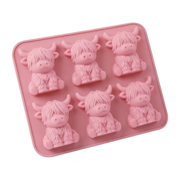 Highland Cow Ice Cube Mold – 6 Cavity Silicone Tray for Whiskey, Cocktails, Coffee – 3D Cattle Shaped Ice for Home Bar (Pink 2pcs)