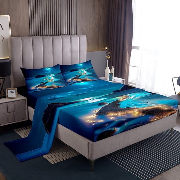 Erosebridal Ocean Beach Sheet Set Twin,Moon Night Bedding Sets Twin Size,Coastal Ocean Twin Sheet Sets,Super Cozy Galaxy Room Decor,3pcs