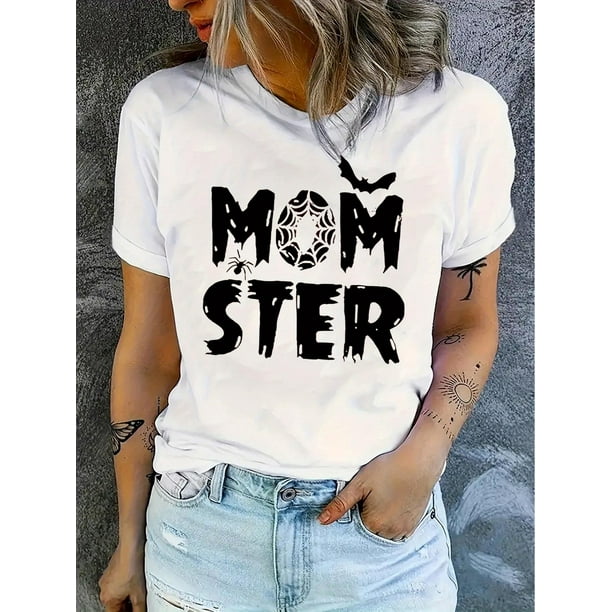 1pc Women'S Casual Crew Neck T-Shirt with Geometric Monster Bat Print, Cotton Knit Fabric, Medium Stretch, all-Season Comfort Fit