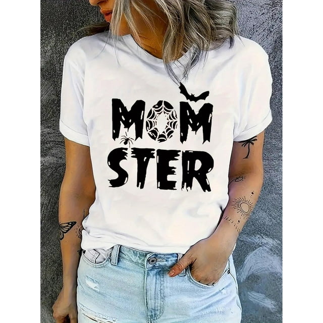 Camiseta para mujer verano1pc Women'S Casual Crew Neck T-Shirt with Geometric Monster Bat Print, Polyester Knit Fabric, Medium Stretch, All-Season Comfort FitFather's Day, Mother's Day, New Year, Sp