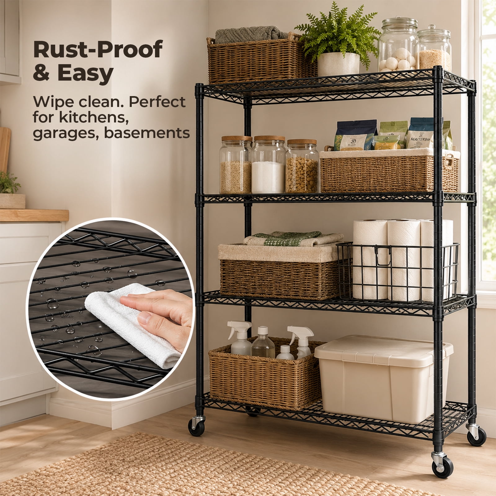 Alvantor 3/4/5 Tier Heavy Duty Adjustable Metal Shelf with Wheels, No-Tool Assembly, Suitable for Garages, Kitchens, Storage Rooms, Laundry Rooms and Offices