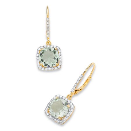 - 9.34 TCW Round Genuine Green Amethyst and Cubic Zirconia Halo Drop Earrings in 14k Yellow Gold over .925 Sterling Silver