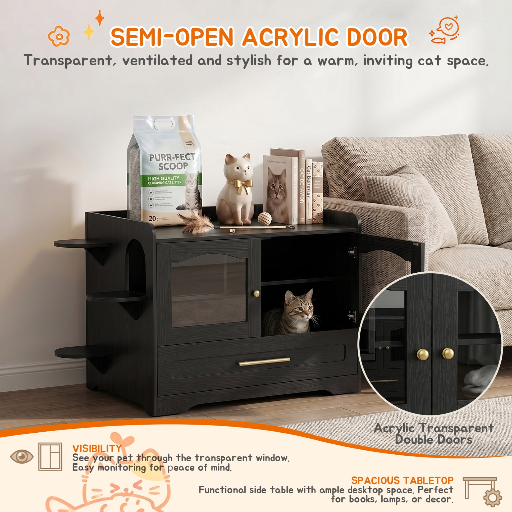 HOQBN Cat Litter Box Enclosure Furniture, Dog Proof Hidden Litter Box Cabinet with Acrylic Door, Extra Long Runway & Storage Drawer, Indoor Cat Play Area Black