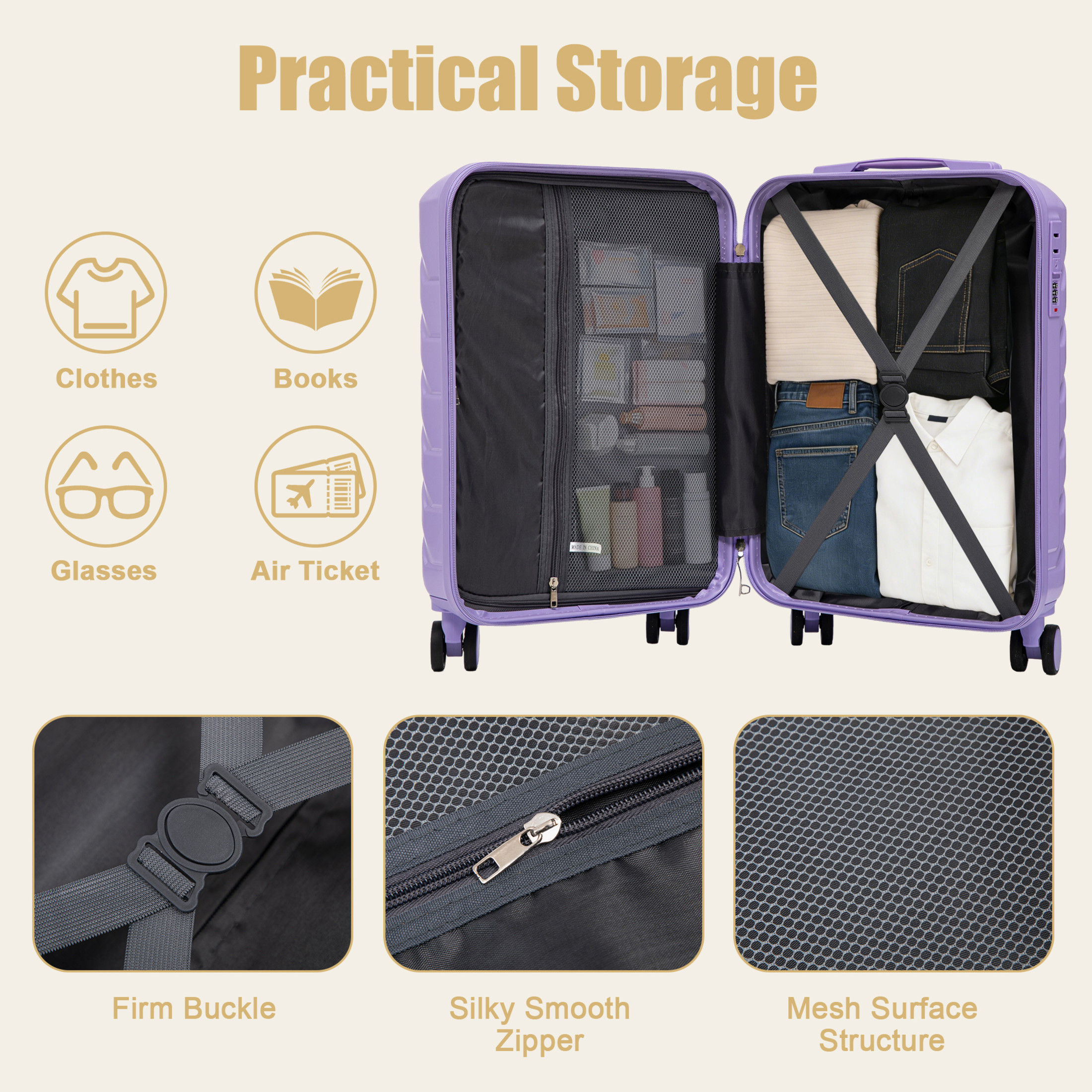 GDF Studio 20" Scratch-Resistant ABS Hard Shell Travel Luggage with 360° Spinner Wheels & Combination Lock, Purple