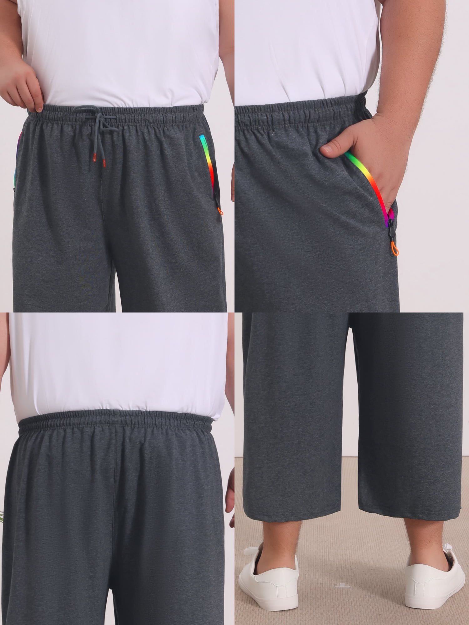 DARING DIVA Men's Zipper Pockets Stretch Drawstring Sport Big Tall Capri Pants 4XL Gray