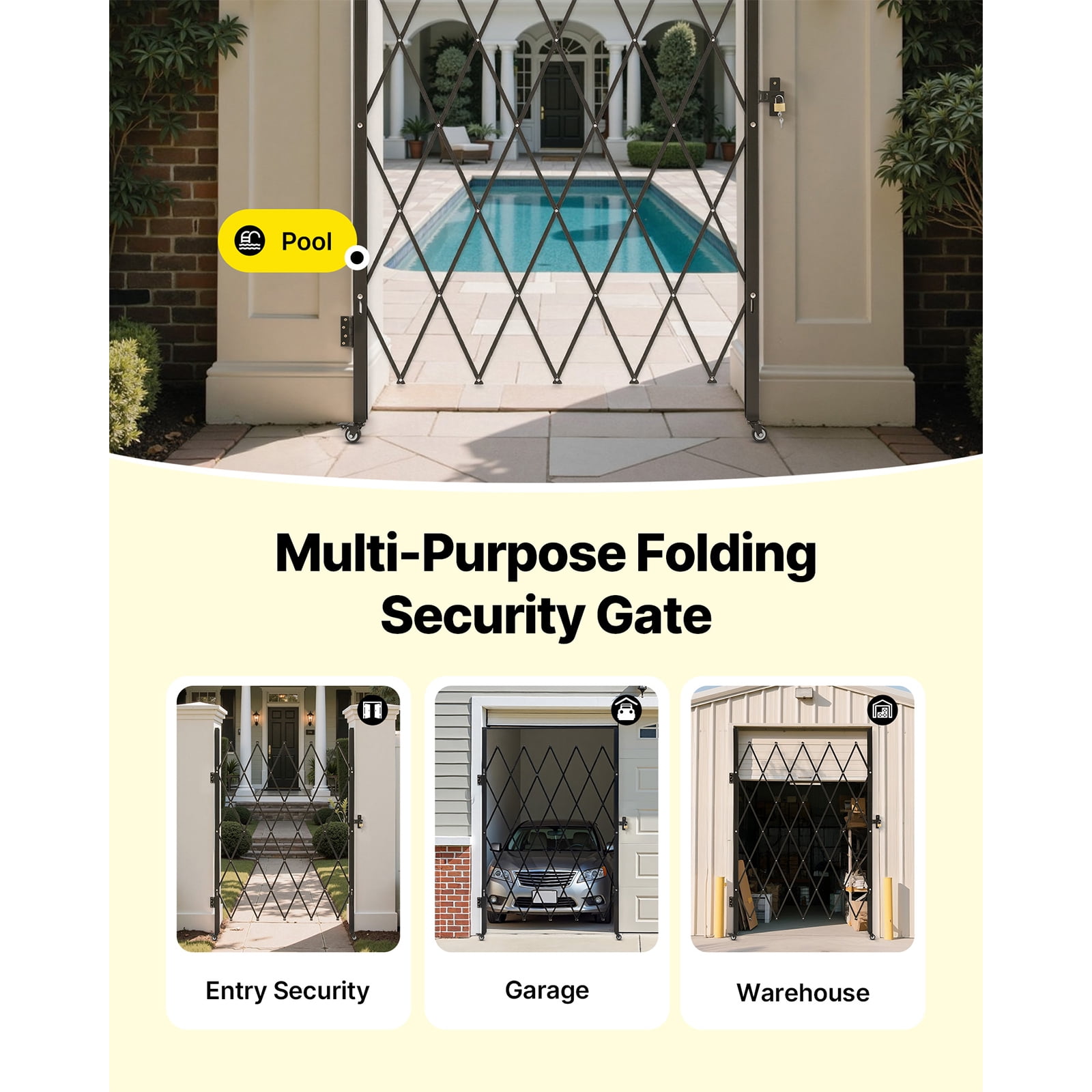 KFFKFF Single Folding Security Gate, Lockable Scissor Gate with Swivel Casters, Steel Retractable Gate for Entry, Garage, Warehouse, and Pool, 49.61 x 77.76 in (W x H)