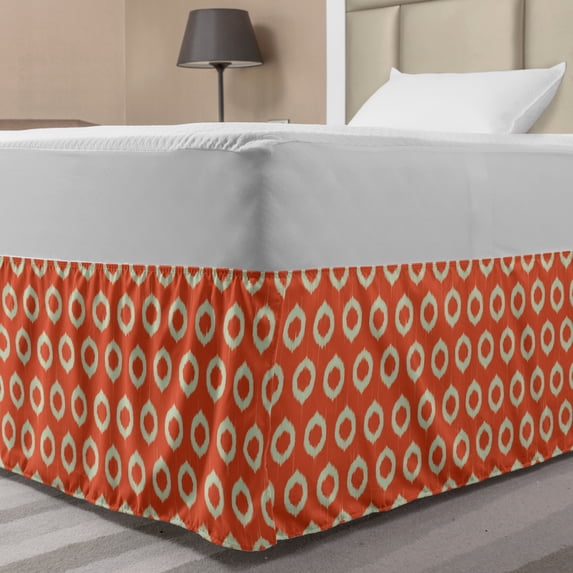 Ikat Bed Skirt, Repeating Oval Shapes with Grunge Effect on Orange Backdrop Abstract Vintage Design, Elastic Bedskirt Dust Ruffle Wrap Around for Bedding Decor, 4 Sizes, Orange Beige, by Ambesonne