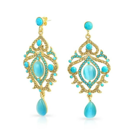 Cat Eye Gemstone Large Aqua Blue Cats Eye Crystal Boho Prom Pageant Statement Chandelier Earrings For Women Gold Plated Alloy ()