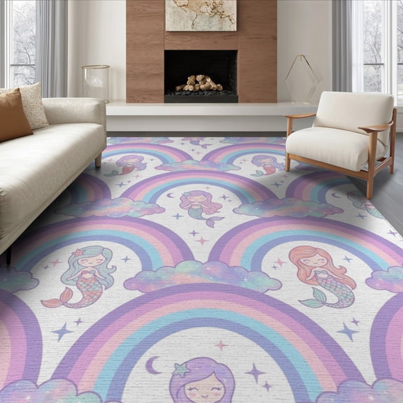 ODIKA 8'x10' Washable Area Rug Pink Galaxy Tie Dye Shaped Floormat Mermaid Kawaii Rainbow Stars with Dreamy Clouds for King Size Bedroom Under Bed, Master Suite, Non-Shedding, Easy Care