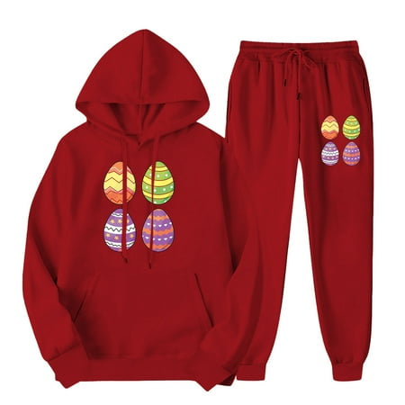 BLTIBY Women s 2 Piece Tracksuit Sweatsuits Sets Long Sleeve Hoodie Sweatshirt and Jogging Sweatpants Suit Easter Printed Drawstring Fashion Outfits with Pockets Red XXL