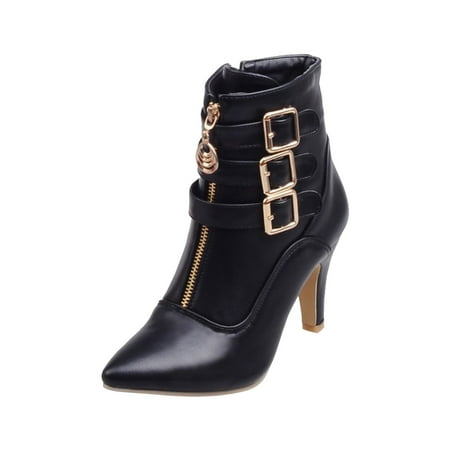 

Boots for Women Shoes High Heel Pointed Toe Solid Color Warm Belt Buckle Zip Ankle Boots