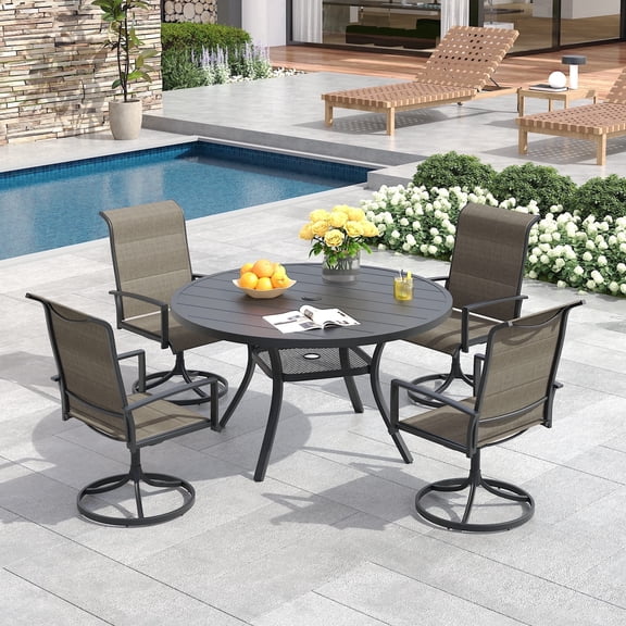 Vicllax 5-Piece Round Patio Dining Set, 41" Round Outdoor Table with Umbrella Hole and 4 Padded Swivel Chairs for Lawn, Garden, Black & Taupe