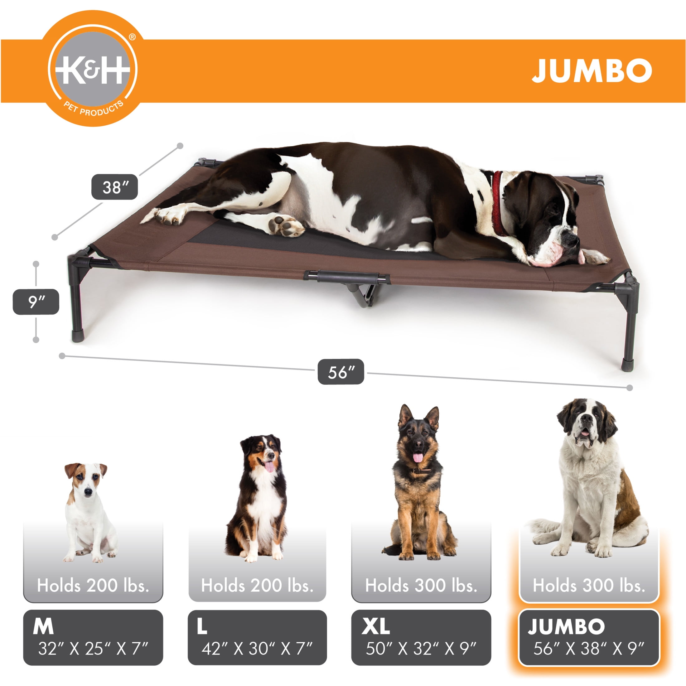 K&H Pet Products Original Pet Cot Elevated Dog Bed Chocolate/Black Mesh Jumbo 56 X 38 X 9 Inches