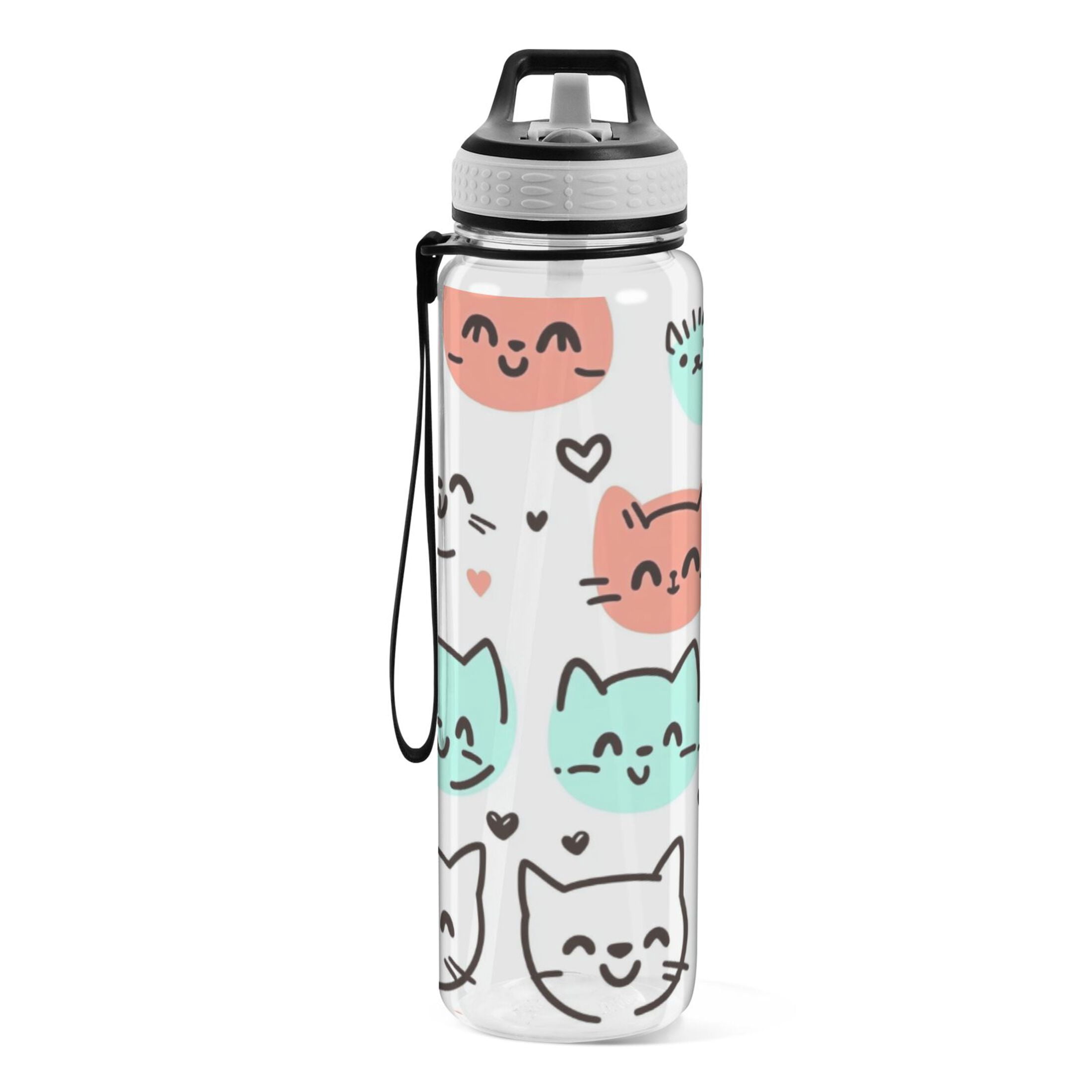 Whimsical Kittens 1000ml Tritan Sport Bottle Straw LeakProof Food-Grade Portable Wide Handle