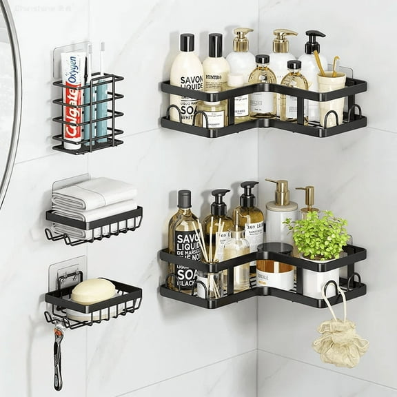 5-Pack Adhesive Corner Shower Caddy, No Drilling L-Shaped Shelf with 12 Hooks & Soap Holder, Large Capacity Rustproof Bathroom Organizer, Black