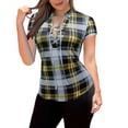 thumbnail image 3 of Craaazy Women's Casual Fashion Plaid Print Short Sleeve Stand Collar T-Shirt for Spring and Summer Outfits, 3 of 5
