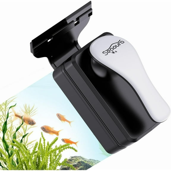 SEAOURA Magnetic Aquarium Glass Cleaner - 3 Swappable Plastic Blades, Dual-Sided Algae Scraper for Fish Tank (S Model, Up to 15mm Glass Thickness)