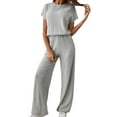 thumbnail image 3 of BYHONG Women's Two Piece Knit Matching Outfits Crew Neck Slit Hem Tee and Pants Tracksuit Sets Features: Grey L, 3 of 7