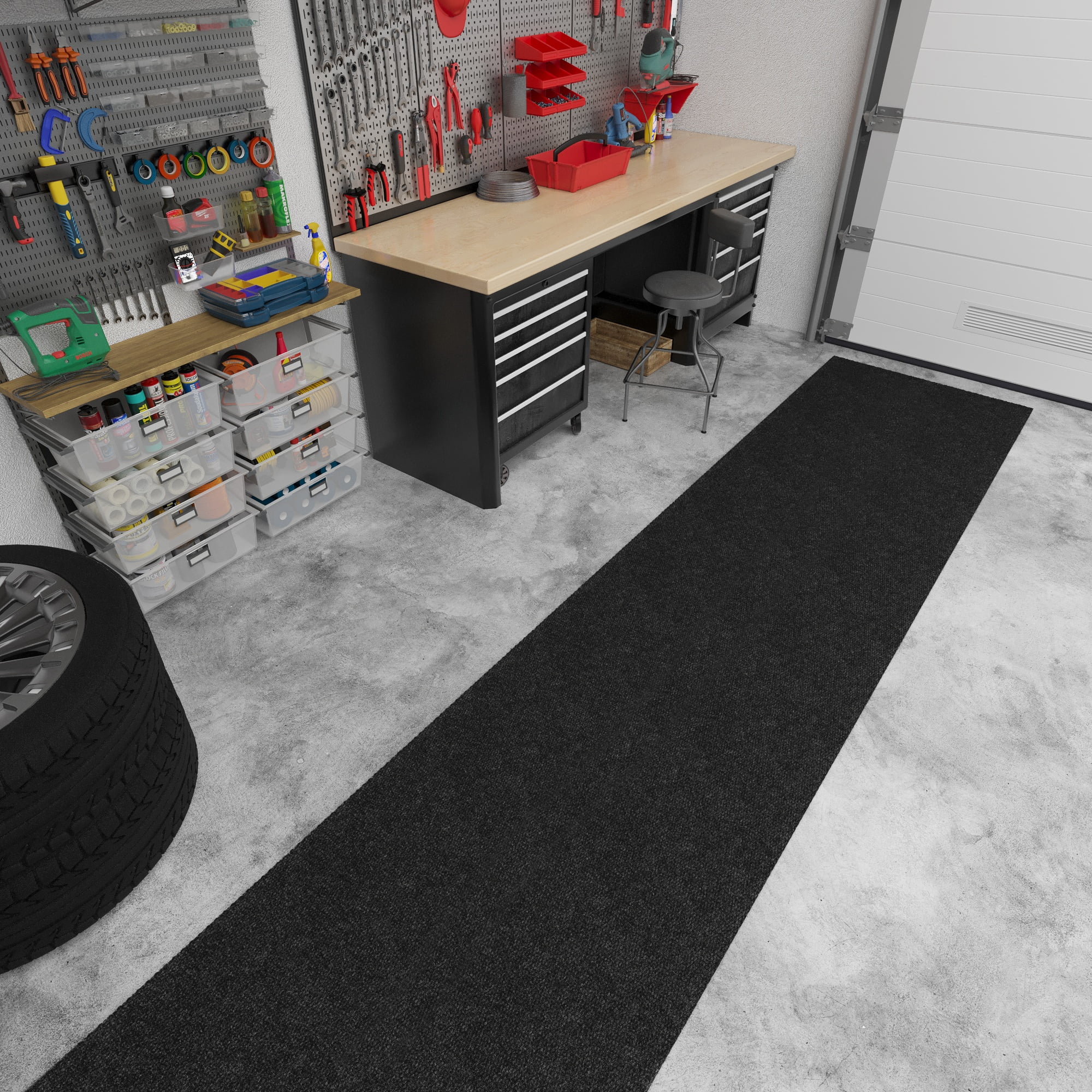 Ottomanson Non-Slip Hallway Runner Rug 2' x 22' Indoor/Outdoor Custom Size Utility Carpet for Garage, Black Hobnail