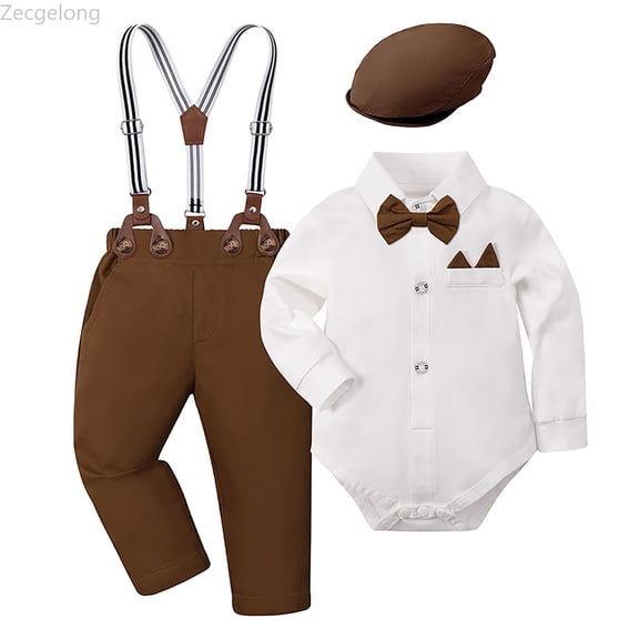 Zecgelong Elegant Boys Long Sleeve Shirt With Suspenders And Detachable Hat For Toddler First Birthday Photo Shoot And Boys Suits Size 0-3 Months