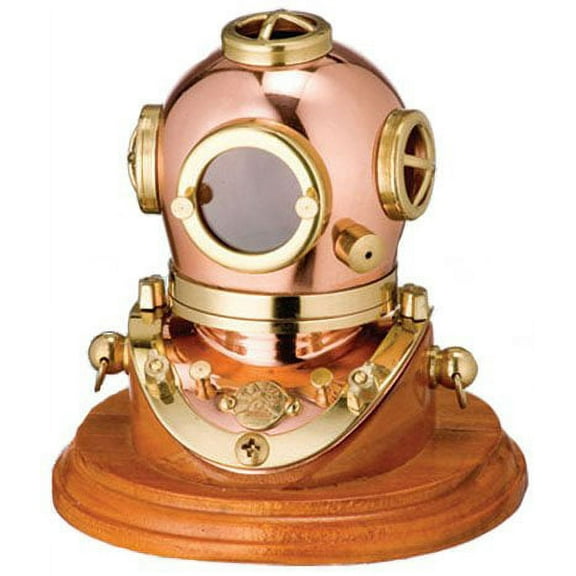 3 Brass Diving Helmet with Wood Base Nautical Tropical Home Decor