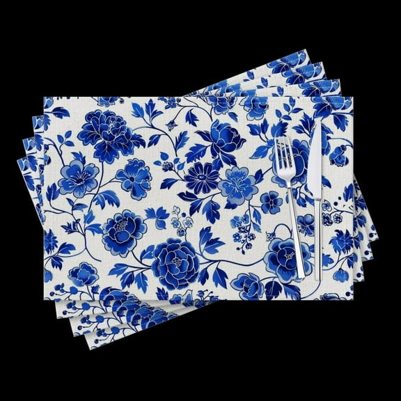 BaHomeck placemats Set of 4 Blue And White Porcelain Pattern In Blue Cotton Linen rectangle Placemats for Kitchen Dining Table Indoor,Outdoor,18*12inch