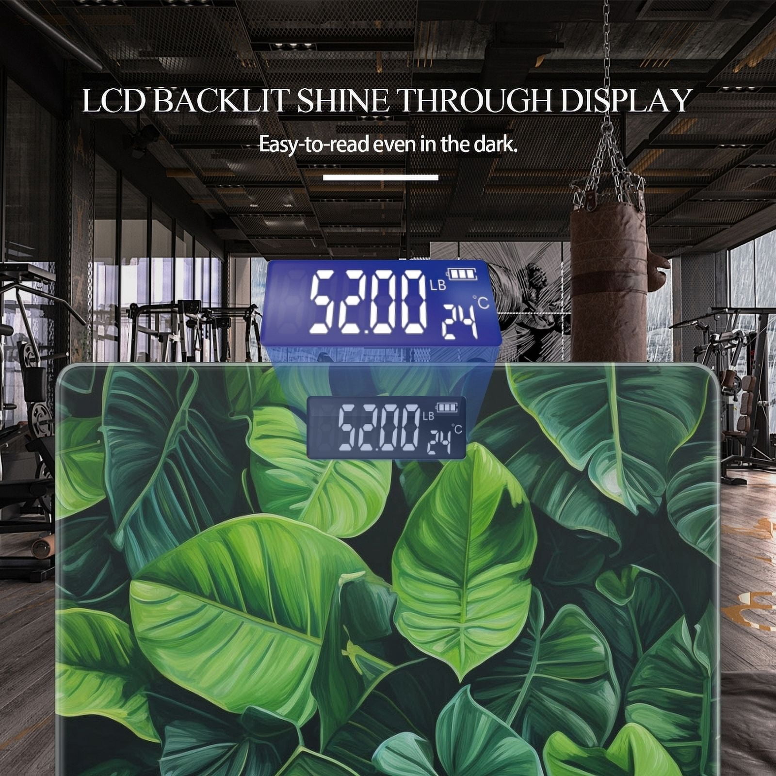 Bathroom Scale, Highly Accurate Digital Body Scale,Precisely Measures Weight up to 400 lbs-Green Monstera Leaves With Dark Background