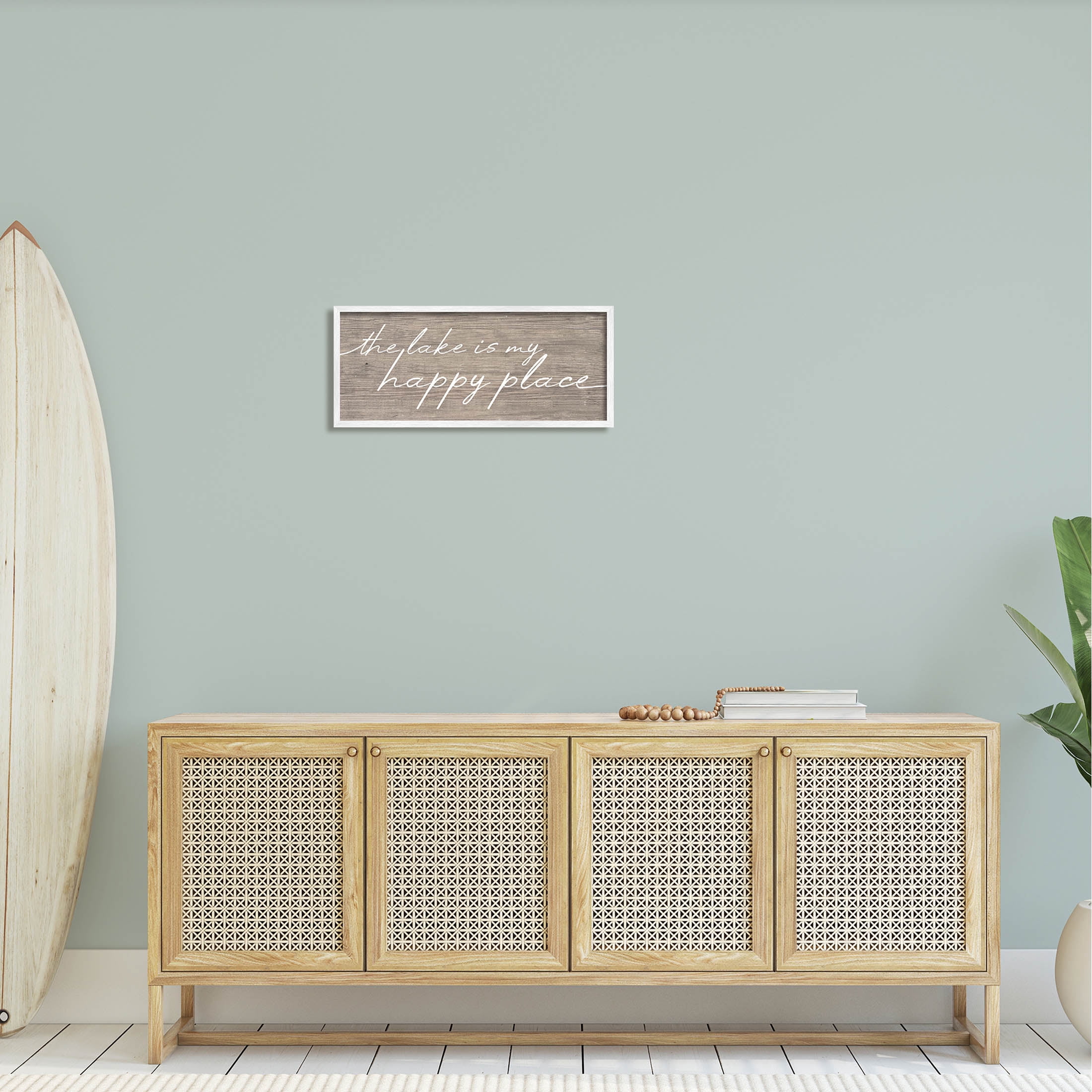 Lake Is Happy Place Phrase Inspirational Graphic Art White Framed Art Print Wall Art