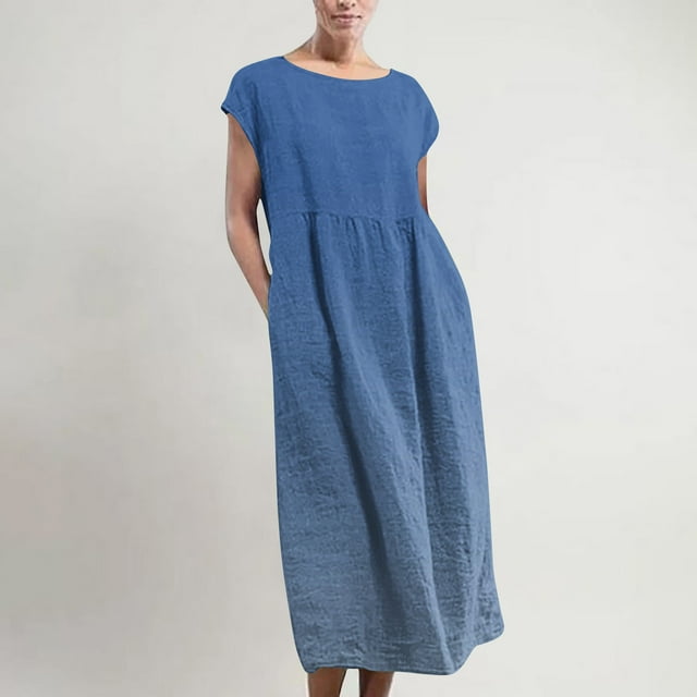 TopLLC Robe Sans Manches à Col Rond Robe Maxi Sans Manches pour Femmes avec Poches en Lin Ample et Bouffante Caftan Longue Robe Femme Robe