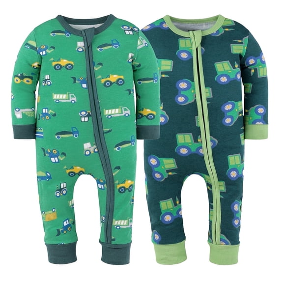 The Peanutshell Trucks and Tractors Baby Pajamas, Footless Baby Sleepers, Green-Teal, 3-6 Months, 2-Pack
