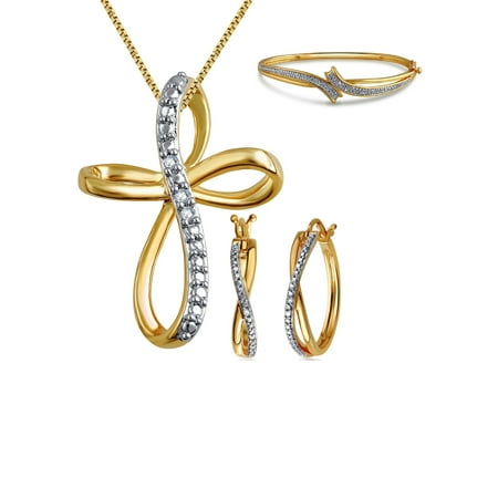 - Gorgeous 0.27 Carat Diamond Accent 3 Piece Criss Cross Hoop Necklace Earrings & Bangle Set In 14K Yellow Gold Plated