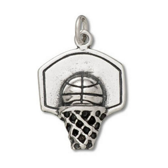 Sterling Silver 16" .8mm Box Chain Basketball In Hoop Pendant Necklace
