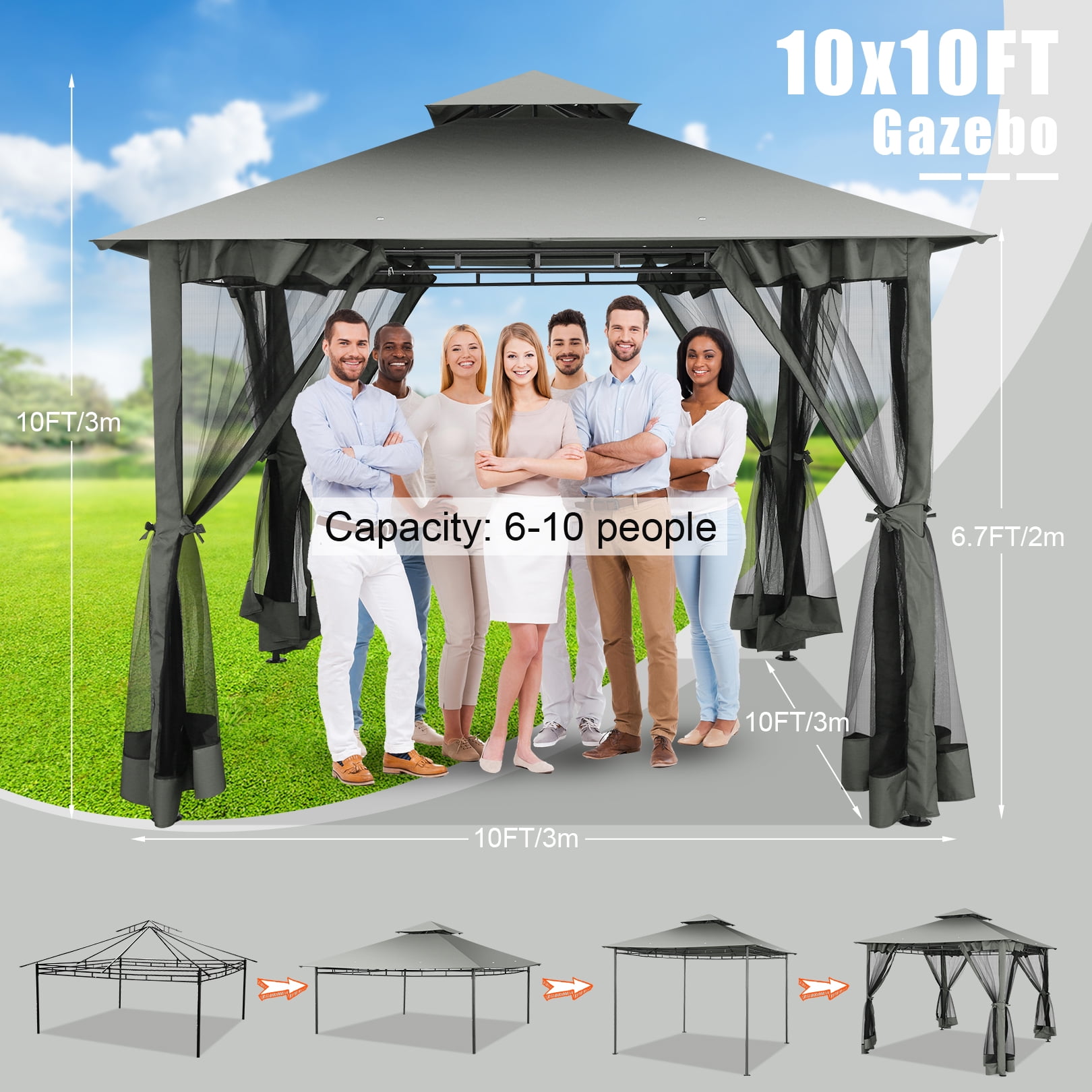 HOTEEL 10x10 Gazebos for Patios, Canopy Tent Outdoor Gazebo Backyard Gazebo Patio with Mosquito Netting and Double Roof for Party, Wedding, BBQ and EventQ, Gray