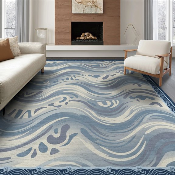 ODIKA 8'x10' Washable Area Rug Motif Border Sage That Couch Costal Abstract Brushstroke Wave Playful Expressive for King Size Bedroom Under Bed, Master Suite, Non-Shedding, Easy Care