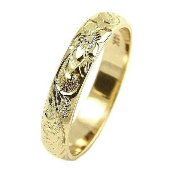 14K yellow gold custom hand engrave Hawaiian queen plumeria scroll band ring 4mm size 2 to 14