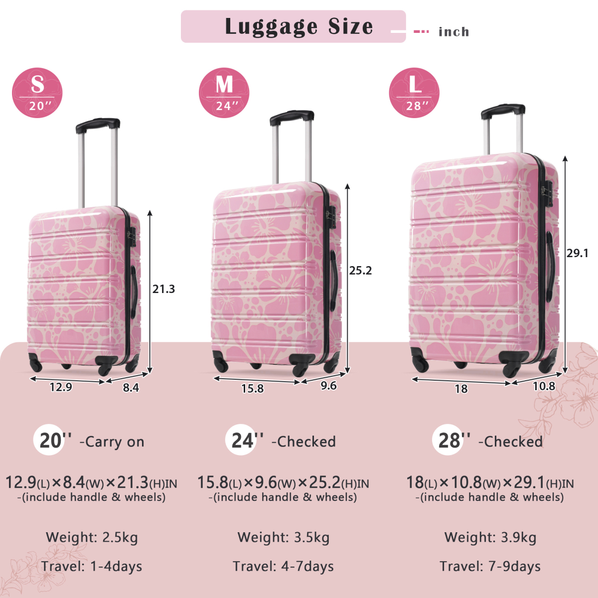 Hardshell Luggage Set 3 Piece Spinner Suitcase TSA Lock Lightweight Pink