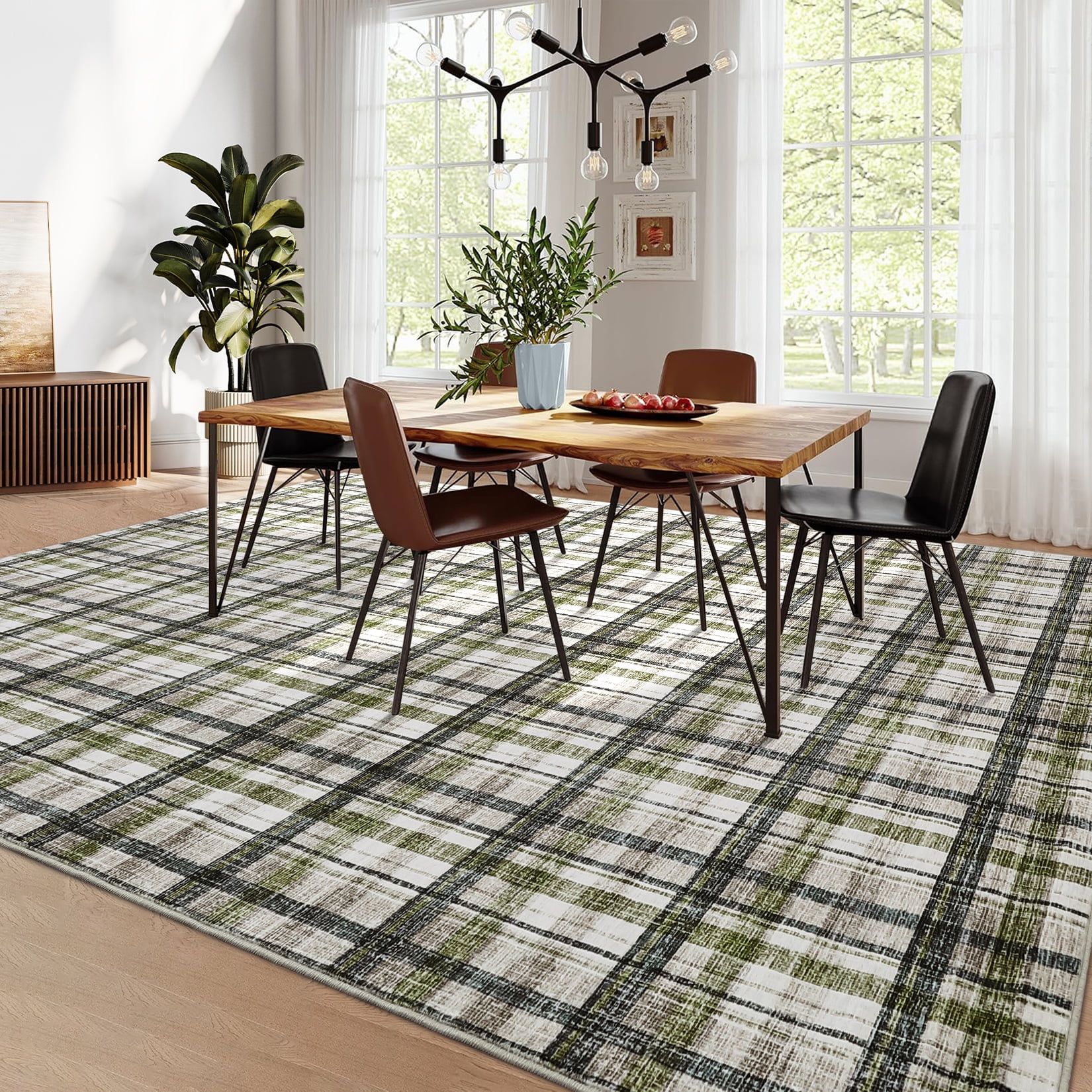 FairOnly 5'x7'Modern Geometric Plaid Non Slip Area Rug British Style Machine Washable Soft Non Shedding Rug for Living Room Bedroom,Green