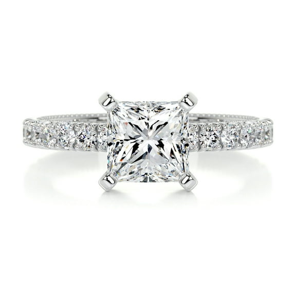 First Jewel Princess Cut Excellent 1.8 Ct Diamond Ring For Women's - Silver 14K White Gold Over Ring - Solitaire with Accent Diamond Ring - Eternity Band Diamond Ring - Milgrain Diamond Ring