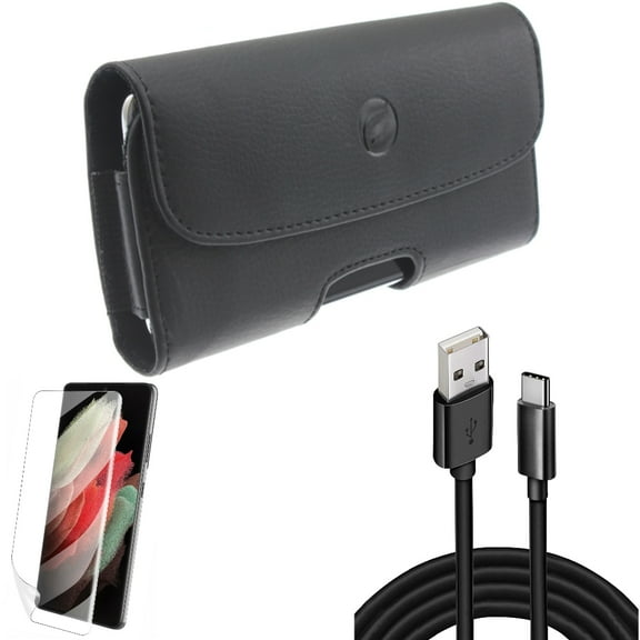 Case Belt Clip w 10ft USB Cable w Matte Screen Protector for Samsung Galaxy S21 Plus - Leather Holster, Type-C Charger Cord, TPU Film Anti-Glare Accessory Bundle